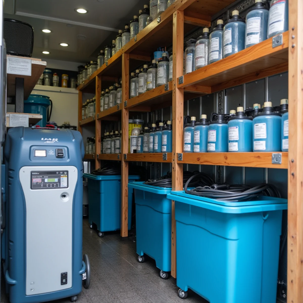 Equipped emergency restoration service truck loaded with commercial dehumidifiers and extraction equipment in Naples FL