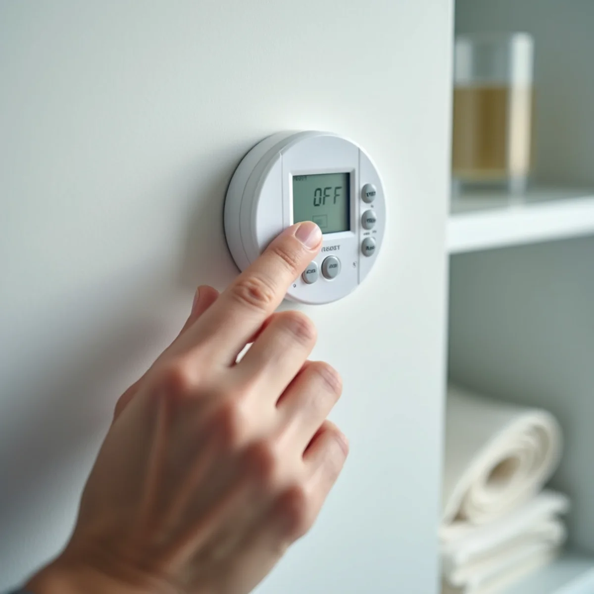 Hand switching digital thermostat to OFF position to stop condensate overflow