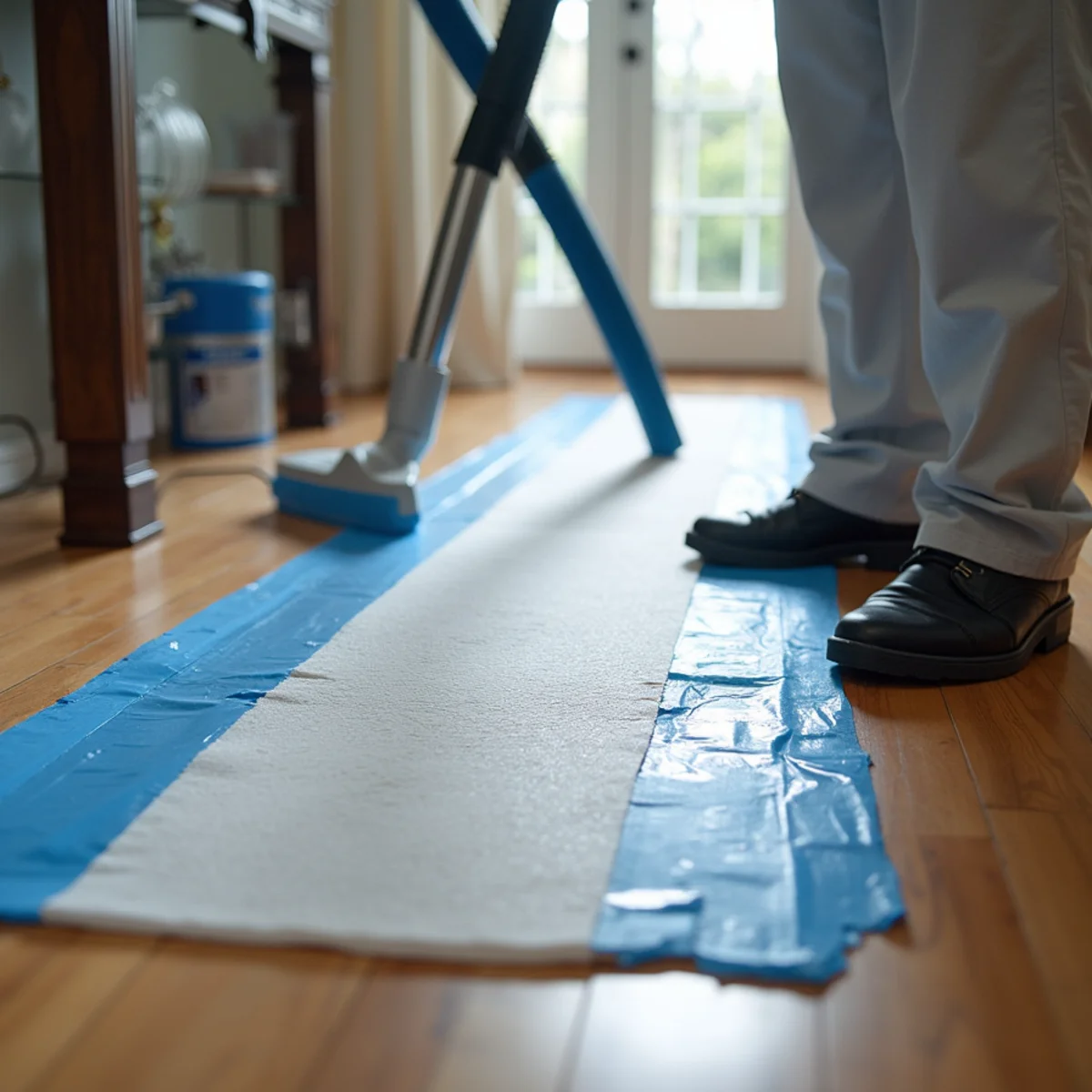 High-vacuum floor mats sealed across cupped hardwood floor drawing subfloor moisture