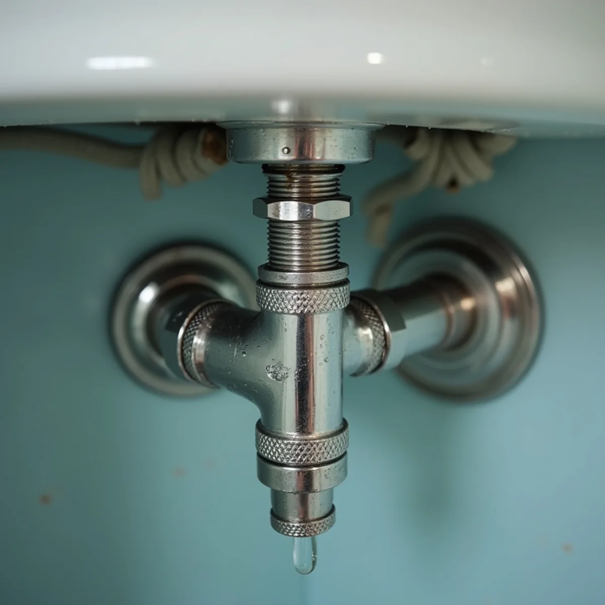 Ruptured stainless steel braided supply line under bathroom sink in Naples home