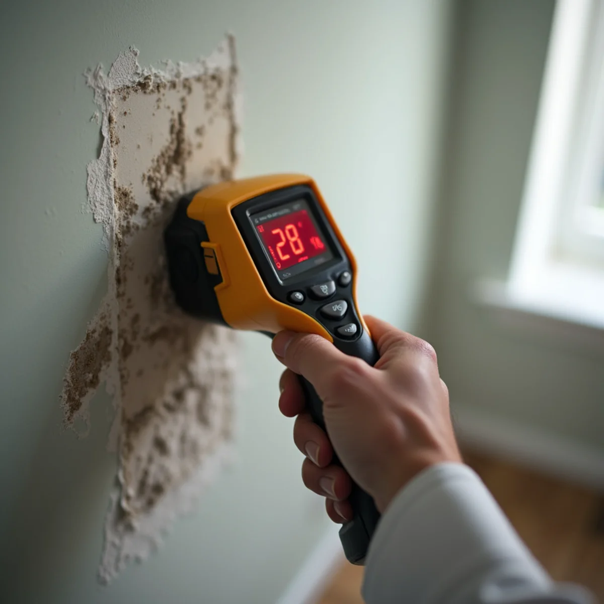 Digital moisture meter displaying high moisture percentage in humid Naples room