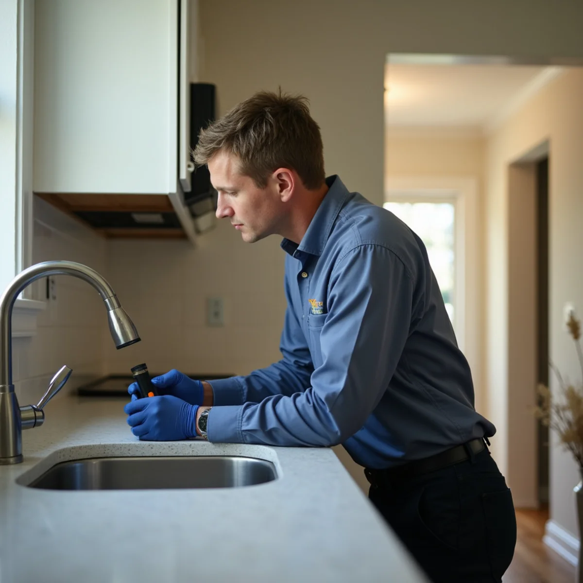 Home watch specialist checking under kitchen sink during Naples off-season