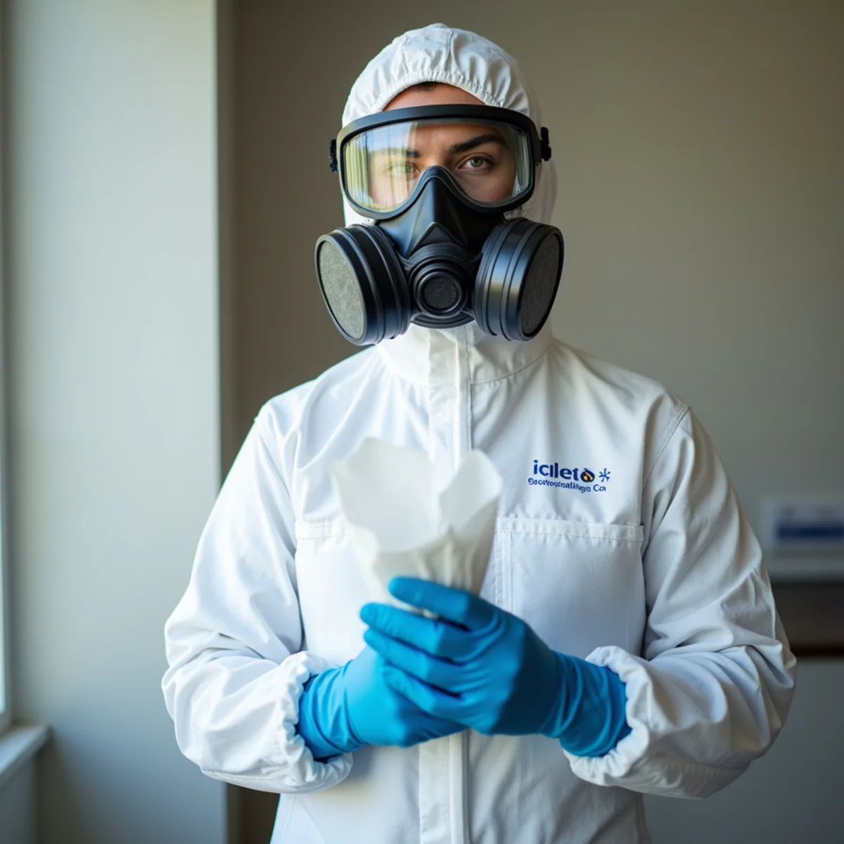 Restoration technician in Tyvek suit, organic vapor respirator, and heavy gloves