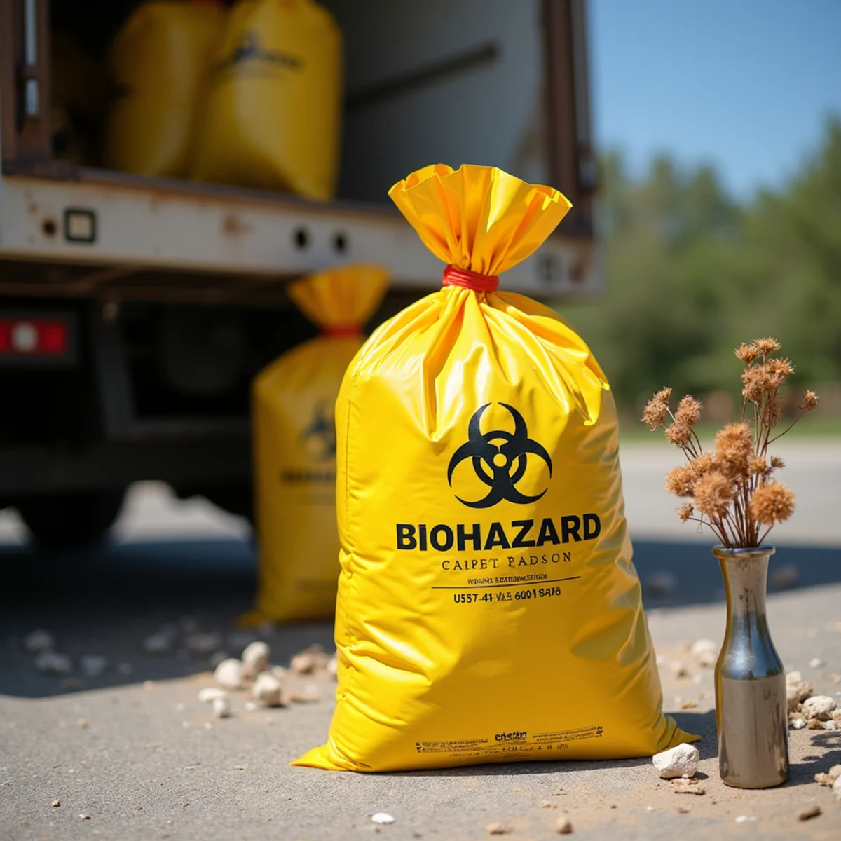 Bagged contaminated carpet padding sealed for biohazardous waste disposal