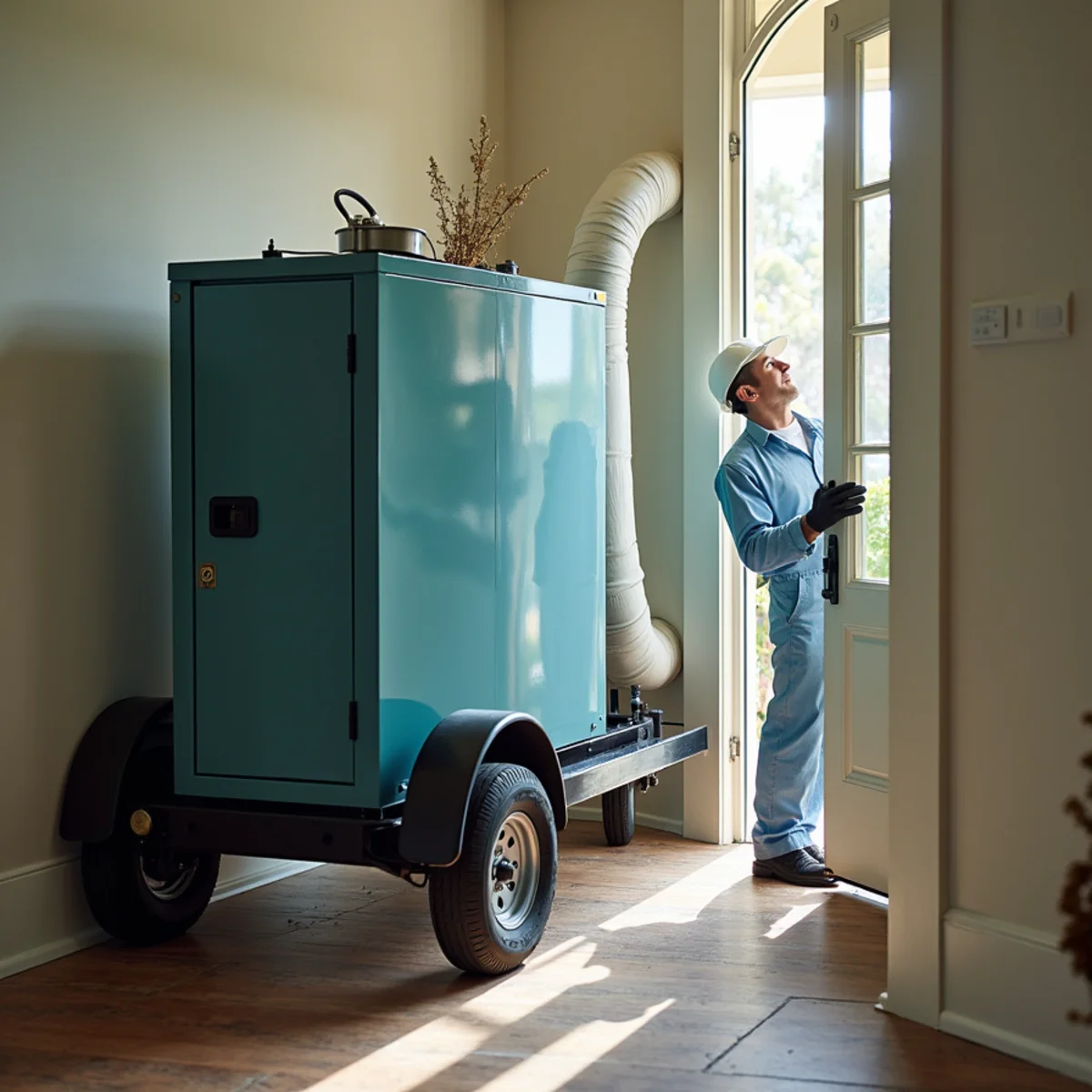 High-capacity desiccant dehumidifier with external layflat ducting in coastal home