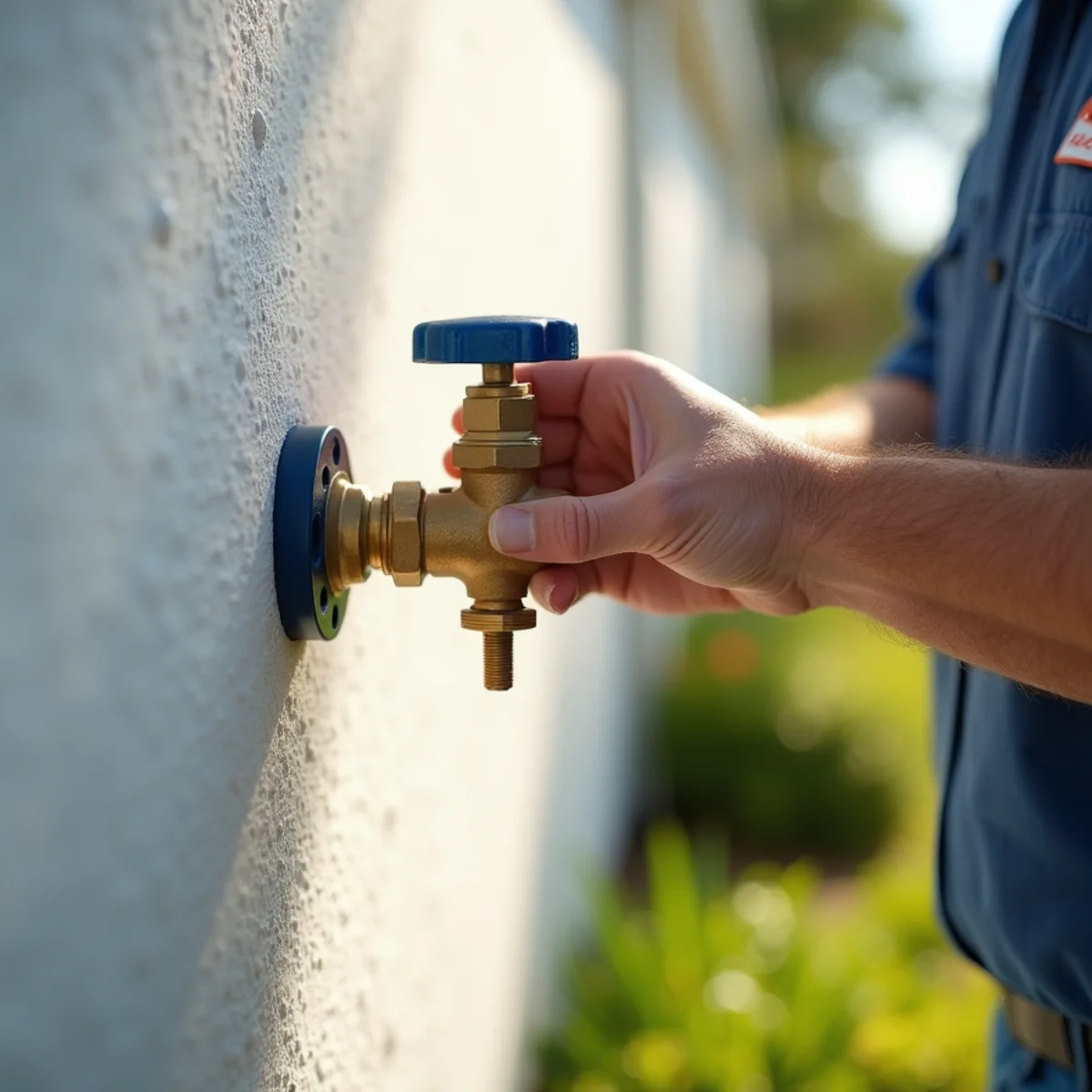 Homeowner shutting off main water supply ball valve on exterior pipe in Naples