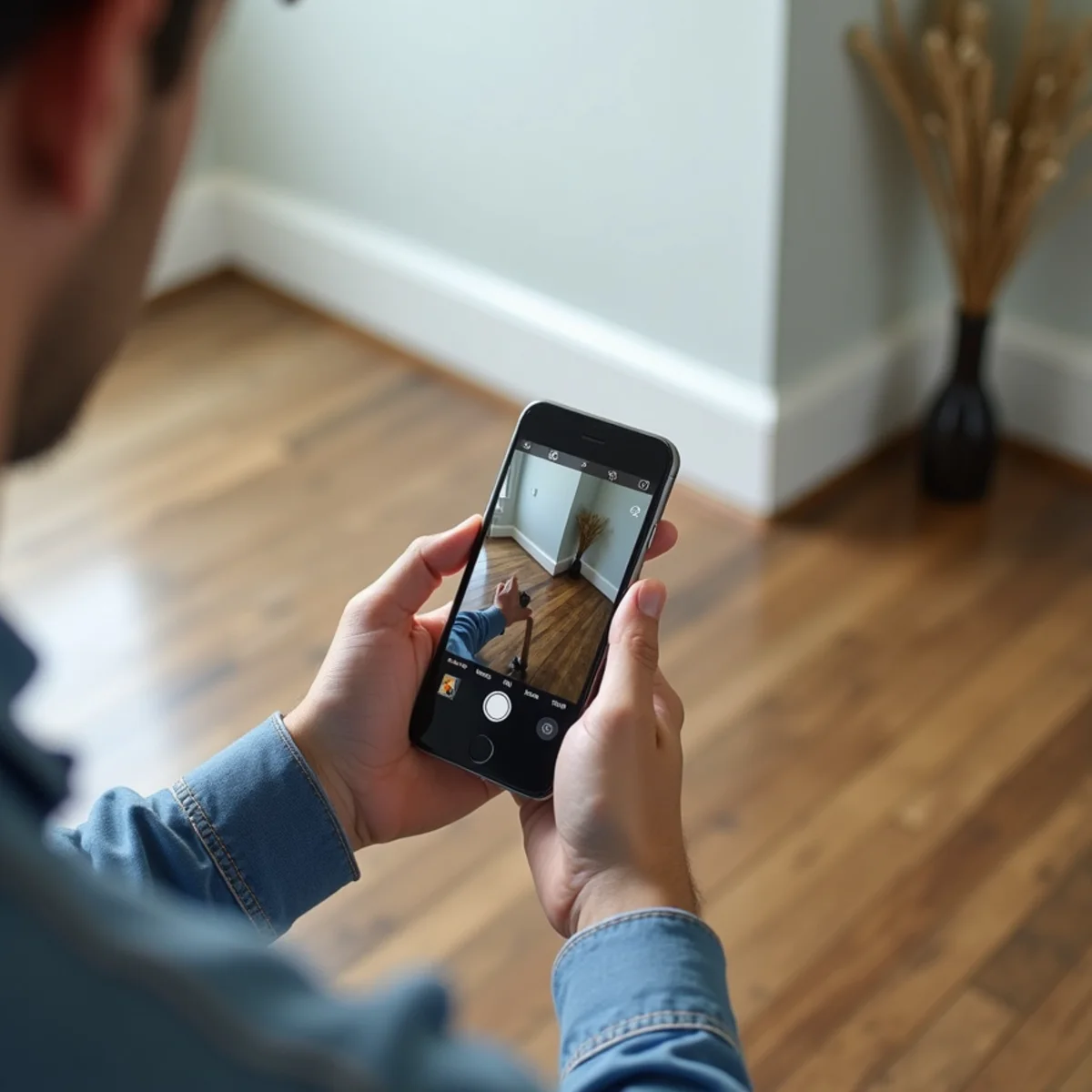 Capturing smartphone photograph evidence of water line on drywall and baseboard