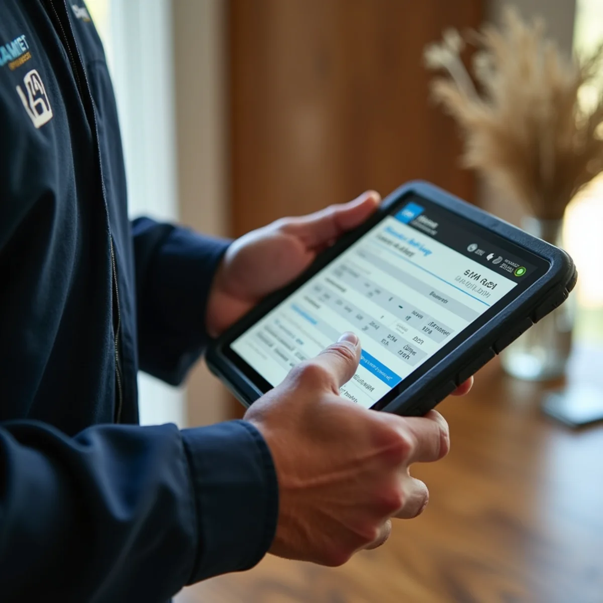 Technician compiling itemized moisture reading report on tablet for insurance adjuster