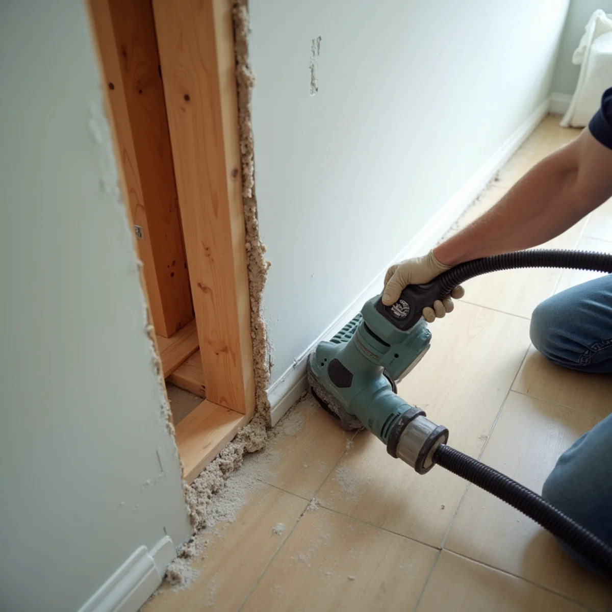 Chalk-lined drywall flood cut exposing wall studs after hurricane storm surge in Naples FL