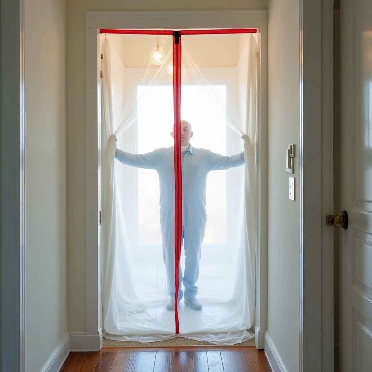Polyethylene containment barrier with zipper doorway under negative pressure in Naples home