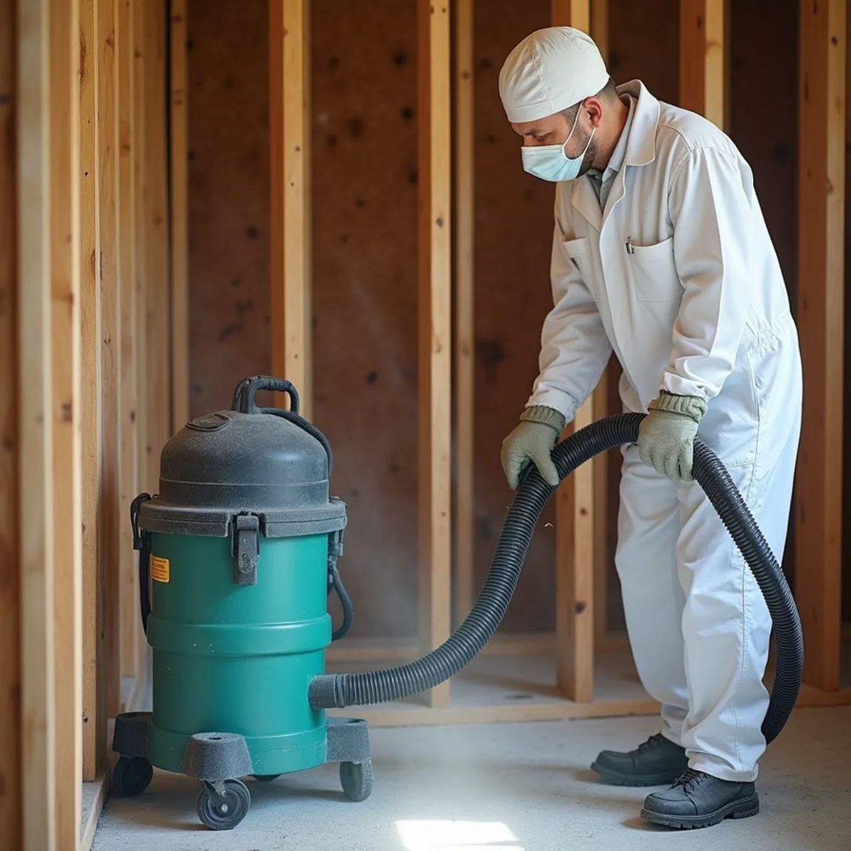 Certified technician in Tyvek suit applying botanical antimicrobial to cleaned framing in Naples FL