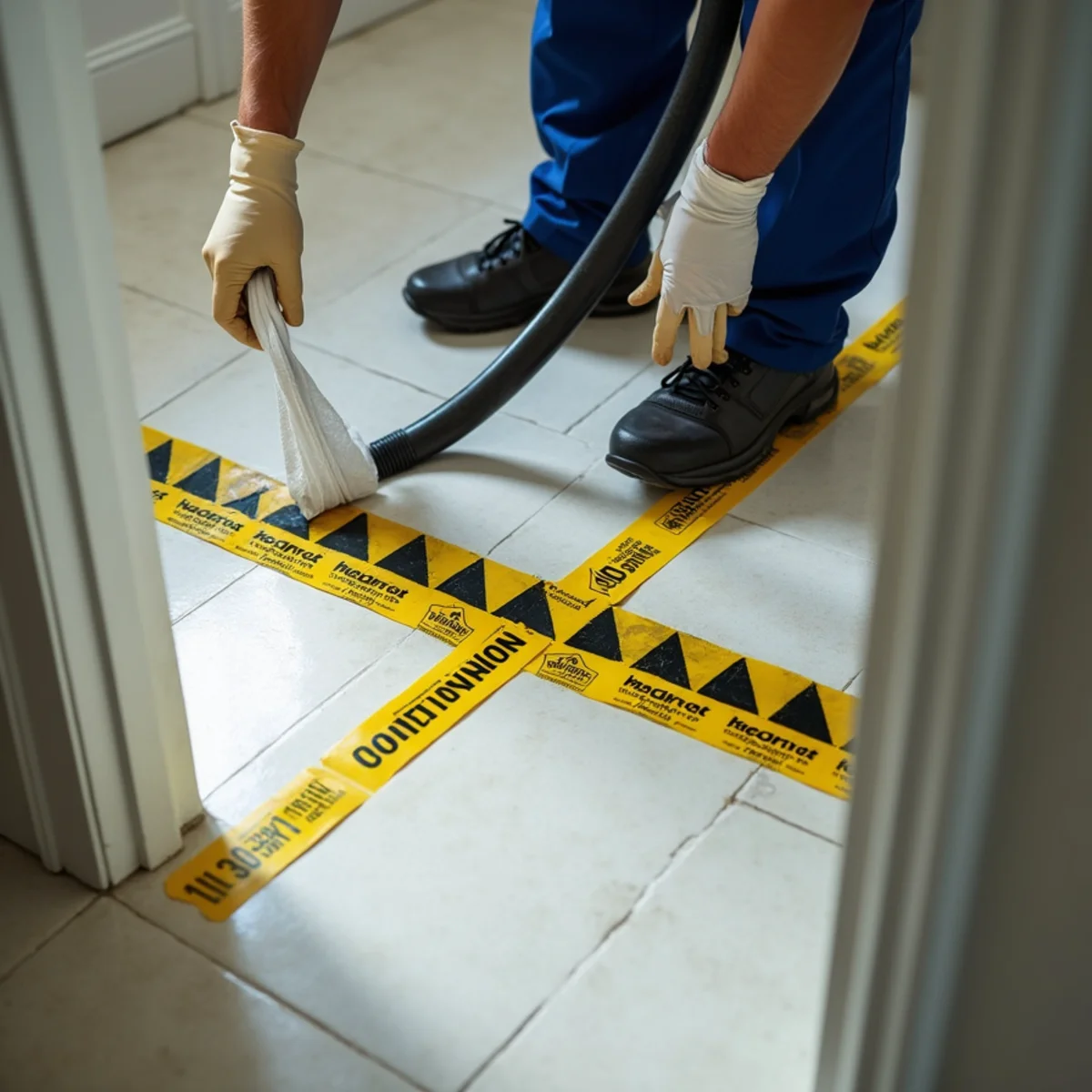 Restoration crew in PPE extracting Category 3 black water from flooded bathroom in Naples